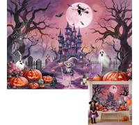 Pink Halloween Backdrop Spooky Witch Ghost Castle Pumpkin Party Background (10X8FT)