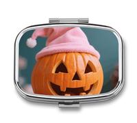 Pink Halloween Hat Pumpkin Pill Box - 2 Compartment Travel Pill Organizer with Small Mirror, Portable Pillcase for Pocket & Purse, Cute Square Medicine Case, Weekly Medicine Container