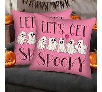 Pink Halloween Pillow Covers 45×45cm - Ghosts/Witches/Pumpkins & “Let’s Get Spooky” Words, Halloween Spooky-Cute Decor for Sofa, Bedroom, Car,Party (C-2pcs)