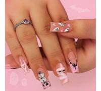 Pink Halloween Press-On Nails with Ghost Pumpkin Bat Heart Mummy Designs - 24PCS Long Square Acrylic False Nails Full Cover Set for Women Girls Themed Party Costume Events and Festive Occasions