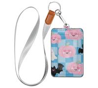 Pink Halloween Pumpkin Leather id Badge Holder for Women with Lanyard and 3-Card Capacity id Holder for Staffs Officers Students Doctors Employees