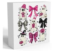 Pink Halloween Room Cute Boo Ghost Table Decorations Indoor Spooky Home Decor Gifts Party Vintage Bow Rustic Pumpkin Wooden Box Sign for Girly Dorm Bedroom Bathroom Office 7x7 inch