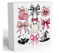 Pink Halloween Room Cute Boo Ghost Table Decorations Indoor Spooky Home Decor Gifts Party Vintage Coquette Bow Rustic Pumpkin Wooden Box Sign for Girly Dorm Bedroom Bathroom 5x5 inch