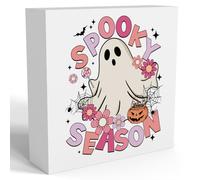 Pink Halloween Room Cute Boo Ghost Table Decorations Indoor Spooky Home Decor Gifts Party Vintage Flower Rustic Pumpkin Wooden Box Sign for Girly Dorm Bedroom Bathroom Office 5x5 inch