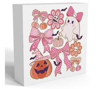 Pink Halloween Room Cute Ghost Table Decorations Indoor Spooky Home Decor Gifts Party Vintage Coquette Bow Rustic Pumpkin Wooden Box Sign for Girly Dorm Bedroom Bathroom Office 5x5 inch