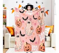 Pink Halloween Throw Blanket, Cute Spooky Ghost Pumpkin Bat Cozy Soft Blanket, Funny Pink Halloween Boo Flannel Baby Throw and Blankets Couch Sofa Bed Decor 60X70IN