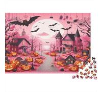 Pink Halloween Town Jigsaw Puzzles Pumpkin Street 1000Pc Recycled Paper for Adults Puzzle Difficult Hard Challenge Decompression Home Decoration Great Gift 70x50cm/1000pcs