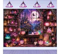 Pink Halloween Witch Library Backdrop 10x8FT Coquette Halloween Party Decorations, Moon Window Castle Pink Pumpkin Magic Witch Photography Background for Girls Women Birthday Baby Shower