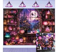 Pink Halloween Witch Library Backdrop 7x5FT Coquette Halloween Party Decorations, Moon Window Castle Pink Pumpkin Magic Witch Photography Background for Girls Women Birthday Baby Shower