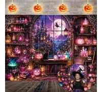 Pink Halloween Witch Library Backdrop 8x6FT Coquette Halloween Party Decorations, Moon Window Castle Pink Pumpkin Magic Witch Photography Background for Girls Women Birthday Baby Shower