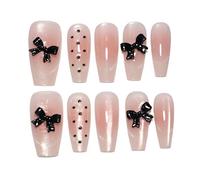 Pink Handmade Press On Nails Long Square 10Pcs Fake Nails Black Bow Full Cover Luxury Glue on Nails Reusable Acrylic False Nails Manicure Kits with Cute Design for Women