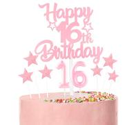 Pink Happy 16th Birthday Candles Cake Topper Set,Glitter Number 16 Birthday Candles with Pink 16th Birthday Cake Toppers Star Cupcake Toppers for Girls Anniversary Decorations
