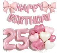Pink Happy 25th Birthday Decorations, Large 21 Number Foil Balloon 21 Inch Pink Bow 16 Inch Happy Birthday Letter Balloons Banner with 18 Inch Heart Balloons for 25 Year Old Girls Party