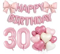 Pink Happy 30th Birthday Decorations, Large 30 Number Foil Balloon 21 Inch Pink Bow 16 Inch Happy Birthday Letter Balloons Banner with 18 Inch Heart Balloons for 30 Year Old Girls Party