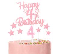 Pink Happy 4th Birthday Candles Cake Topper Set,Glitter Number 4 Birthday Candles with Pink 4th Birthday Cake Toppers Star Cupcake Toppers for Girls Anniversary Decorations