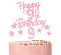 Pink Happy 9th Birthday Candles Cake Topper Set,Glitter Number 9 Birthday Candles with Pink 9th Birthday Cake Toppers Star Cupcake Toppers for Girls Anniversary Decorations