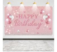 Pink Happy Birthday Backdrop Banner Girl, Pink Happy Birthday Background Banner for Women, Vinyl Birth Background Cloth for Kids Party, 180×110cm (SZ3)