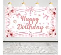 Pink Happy Birthday Backdrop Banner Girl, Pink Happy Birthday Background Banner for Women, Vinyl Birth Background Cloth for Kids Party, 180×110cm (SZ2)
