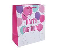 Pink Happy Birthday Balloons Large Gift Bag - 33cm x 26.5cm x 14cm - Paper Present Bag with Rope Handles & Balloon-Shaped Tag for Girls, Kids & Party Gifts