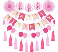 Pink Happy Birthday Banner Girls Birthday Decorations Honeycomb Balls Paper Balloon Garland Paper Hanging Fan Tassel Garland by RichMoho