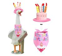 Pink Happy Birthday Porch Goose Outfits, Yard Goose Clothes with Hat & Bandana, Porch Duck Statue Outfits for Patio Outdoor 23" Cement Plastic Pet Decor (Pink)