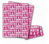 Pink Happy Birthday Wrapping Paper - 2 Sheets Pink Birthday Giftwrap and Tags - 70x50cm - Recyclable & Eco Friendly