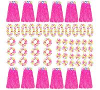 Pink Hawaiian Hula Skirt and Multicoloured Lei Set X12 - Flower Necklace, Headband and Bracelet - 80cm Grass Hula - Luau - Fancy Dress Costume Accessory