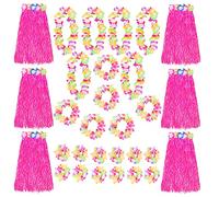 Pink Hawaiian Hula Skirt and Multicoloured Lei Set X6 - Flower Necklace, Headband and Bracelet - 80cm Grass Hula - Luau - Fancy Dress Costume Accessory