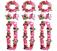 Pink Hawaiian Lei Garlands Set, 12 Pcs Flower Necklace Headbands and Bracelets, Luau Aloha Flower Set Perfect for Fancy Dress, Tropical Beach Theme Party Decorations