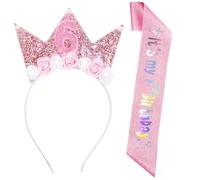 Pink Headband and Glitter Sash 6th Birthday Decorations for Girls Birthday Flower Princess Crown Headband Elegant Crown Tiara Sash Set for 6 Year Old Girl
