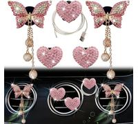 Pink Heart & Butterfly Air Vent Clips, 4 Pcs Bling Heart & Butterfly Air Fresheners Vents Clips Diamond Car Interior Decor Bling Cute Pink Car Accessories Decoration for Women + Heart Mask Hook