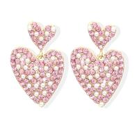 Pink Heart Earrings for Women Sparkly Pink Rhinestone Heart Earrings Love Heart Dangle Earrings Romantic Sweet Heart Party Earrings Valentine Earrings Valentine Day Gifts for Her, Yellow Gold, No