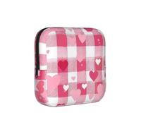 Pink Heart Grid Sanitary Napkin Storage Bag Period Pouch, Discreet Sanitary Towel Holder Valentine Portable Feminine Pad Organiser for Women, Teen Girls, Travel & School