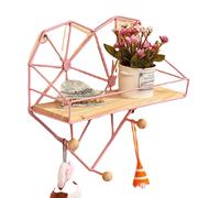 (Pink) Heart Shaped Metal Wire & Wooden Rack Wall Unit Hanging Shelf