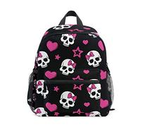 Pink Heart Skull Toddler Backpack Bookbag Mini Shoulder Bag for 1-6 Years Travel Boys Girls Kids with Chest Strap Clip Whistle