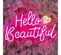 Pink Hello Beautiful Neon Sign with Soft White Heart - 43×27cm Dimmable 3-Level, Stable Neon Light for Girls Bedroom, Aesthetic Night Light with Ambient Glow, Cute Room Decor for Teens