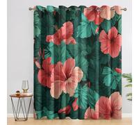Pink Hibiscus Flower Blackout Curtains, 72 Drop, Tropical Green Leaf Floral Printed Curtains for Living Room, Bedroom, Eyelet Drapes for Window Home Decor, 46x72 Inch 2 Panels W1G1-101
