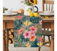 Pink Hibiscus Flower Table Runner 13x60 Inches Long Palm Leaf Summer Coastal Tropical Botanical Vintage Cotton Linen Table Runner Burlap Style for Dinner Table Party Decor Tabletop Decorations
