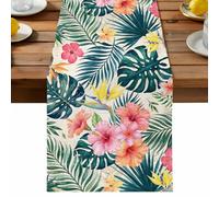 Pink Hibiscus Flower Table Runner, Palm Leaf Summer Coastal Tropical Botanical Retro Cotton and Table Linen Runner for Kitchen Dining Home Decor for Party Festival Holiday Decoration Gift 18x72in