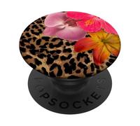 Pink Hibiscus Summer Floral Flower On Cheetah Leopard Print PopSockets Adhesive PopGrip