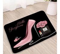 Pink High Heels Bath Mat Hello Gorgeous Lipstick Black Perfume Flower Fashion Makeup Woman Girls Romantic Bathroom Microfiber Memory Foam Bathroom Rug Doormat Kitchen Toilet Floor Rug