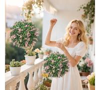 (Pink) HOMCOM Set of 2 Artificial Plant Topiary Balls, Faux Plants