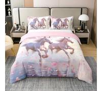 Pink Horse Bedding Set 100% Cotton 3D Wild Animals Romantic Style Duvet Cover for Kids Teens Adults Cherry Blossom Petals Spring Style Quilt Cover,1 Pillowcase(No Comforter) Single 2 Pcs