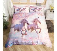 Pink Horse Bedding Set,3D Wild Animals Romantic Style Duvet Cover for Kids Teens Adults,Cherry Blossom Petals Spring Style Comforter Cover with 2 Pillowcases(No Comforter) Super King Size 3 Pcs