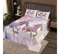 Pink Horse Bedspread,3D Wild Animals Romantic Style Bedding Sets for Kids Teens Adults,Cherry Blossom Petals Spring Style Coverlet Set with 1 Pillowcase,Single Size 2 Pcs