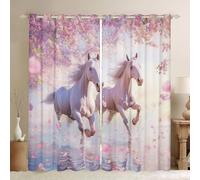 Pink Horse Window Curtains 3D Wild Animals Romantic Style Window Drapes for Kids Teens Adults Cherry Blossom Petals Spring Style Curtains for Living Room 2 Panels 66Wx72L