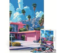Pink House Palm Springs Style 1000 Piece Jigsaw Puzzle for Adults Smart Reason Toy Home Enjoy Sharp Edge Santa Wish Item (38x52cm)