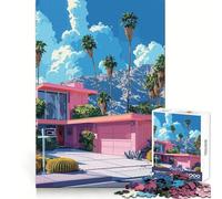 Pink House Palm Springs Style 1000 Pieces Jigsaw Puzzles for Adults Memory Boost Home Pastime Image Assembly Wall Art Decor (50x75cm)