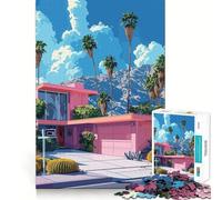Pink House Palm Springs Style 1000 Pieces Jigsaw Puzzles for Adults Memory Boost Home Pastime Image Assembly Wall Art Decor (50x75cm)