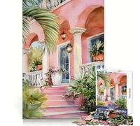 Pink House Watercolor with Tropical Plants 1000 Piece Jigsaw Puzzles for Teenagers Jigsaw Recall Build Easy Leisure Neat Cut Santa Wish Gift (50x75cm)